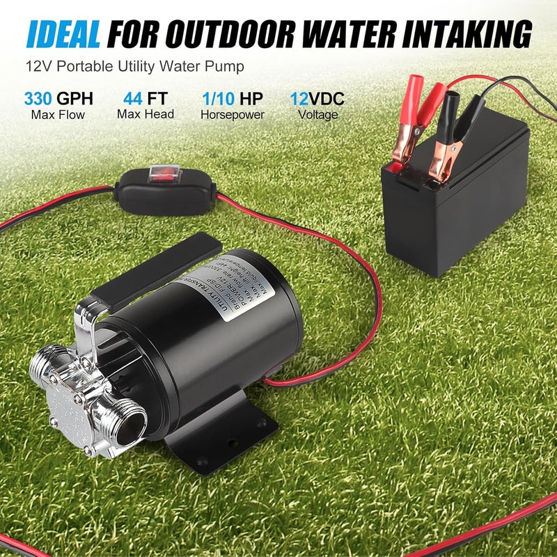 FIDISP 12 Volt Water Pump, Portable Transfer Pump, 330GPH Larger Flow, 1/10HP Electric Utility Pump with On/Off Switch, 2 * 6’ Water Hose Kit for Garden Pools Aquariums Hot Tub - Image 2
